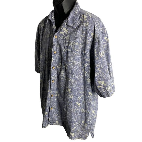 OP Ocean Pacific Button Up Hawaiian Shirt XL Blue Reverse Print Floral Pocket - Picture 3 of 7